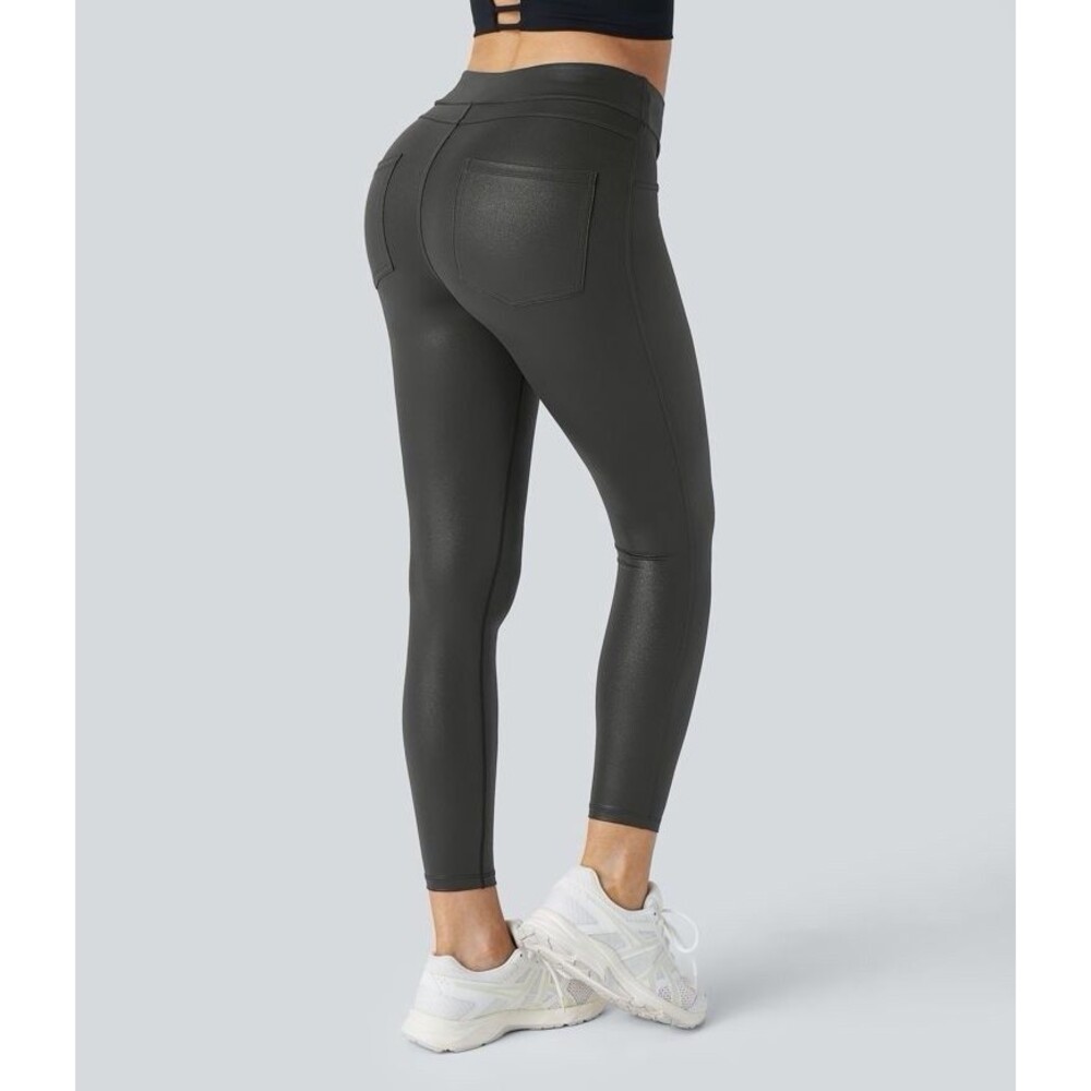 Halara Sz M Faux Leather Ankle High Waisted Pocket Work Leggings Shiny Black NEW - Picture 2 of 6